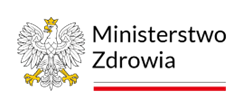 Ministerstwo Zdrowia logotyp na białym tle  po lewej stronie godło Polski obok duży niebieski symbol MZ. Pod nim napis Ministerstwo Zdrowia.