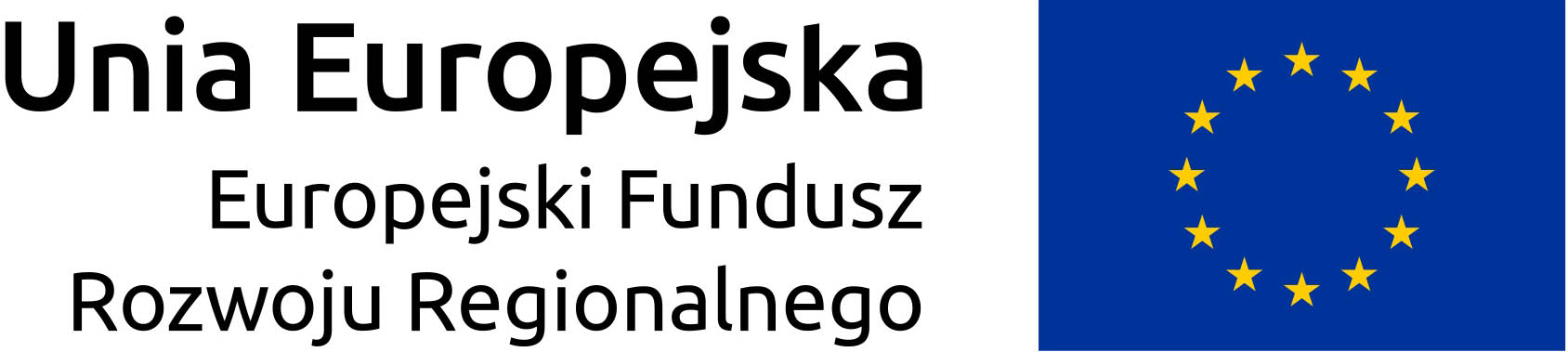 Unia Europejska Europejski Fundusz Rozwoju Regionalnego Logotyp po prawej stronie na granatowym tle 12 żółtych gwiazdek tworzących okrąg. Po lewej stronie czarny napis Unia Europejska i mniejszy napis Europejski Fundusz Rozwoju Regionalnego 