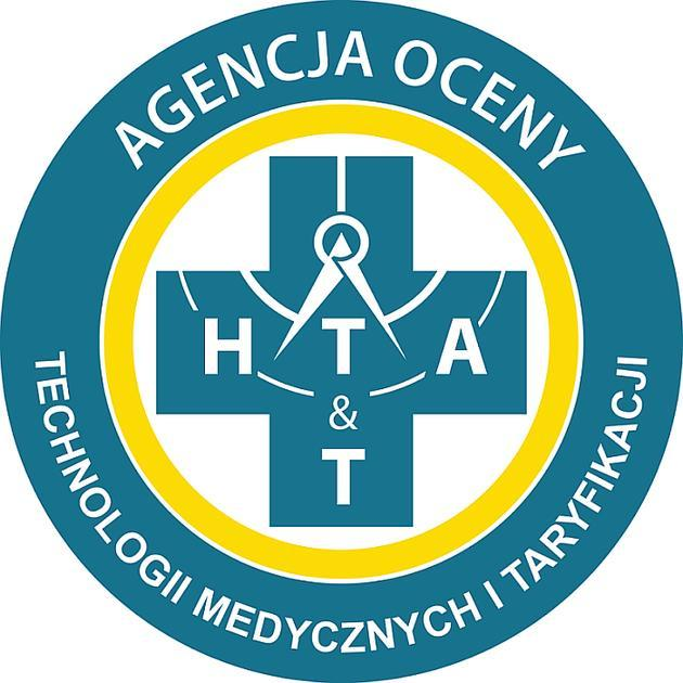 Agencja Oceny Technologii Medycznych i Taryfikacji  logotyp okrąg z zewnętrzną turkusową obramówką z napisem Agencja Oceny Technologii Medycznych i Taryfikacji. Na środku biały okrąg z żółtym konturem. Wewnątrz symbol  niebieskiego krzyża. Na środku krzyża biały skrót HTA&T z symbolem cyrkla.