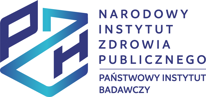 Narodowy Instytut Zdrowia Publicznego PZH – Państwowy Instytut Badawczy logotyp po lewej stronie niebiesko granatowa forma graficzna skrótu PZH w kształcie konturu Polski. Po prawej stronie granatowy napis Narodowy Instytut Zdrowia Publicznego Państwowy Instytut Badawczy.